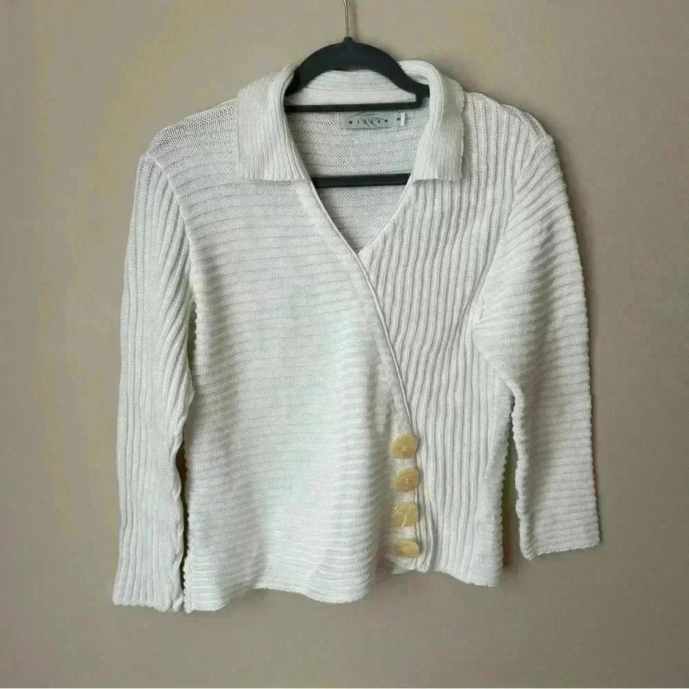 Willow White Heavy Knit Side Button V-Neck Collard Sweater Women’s Size …